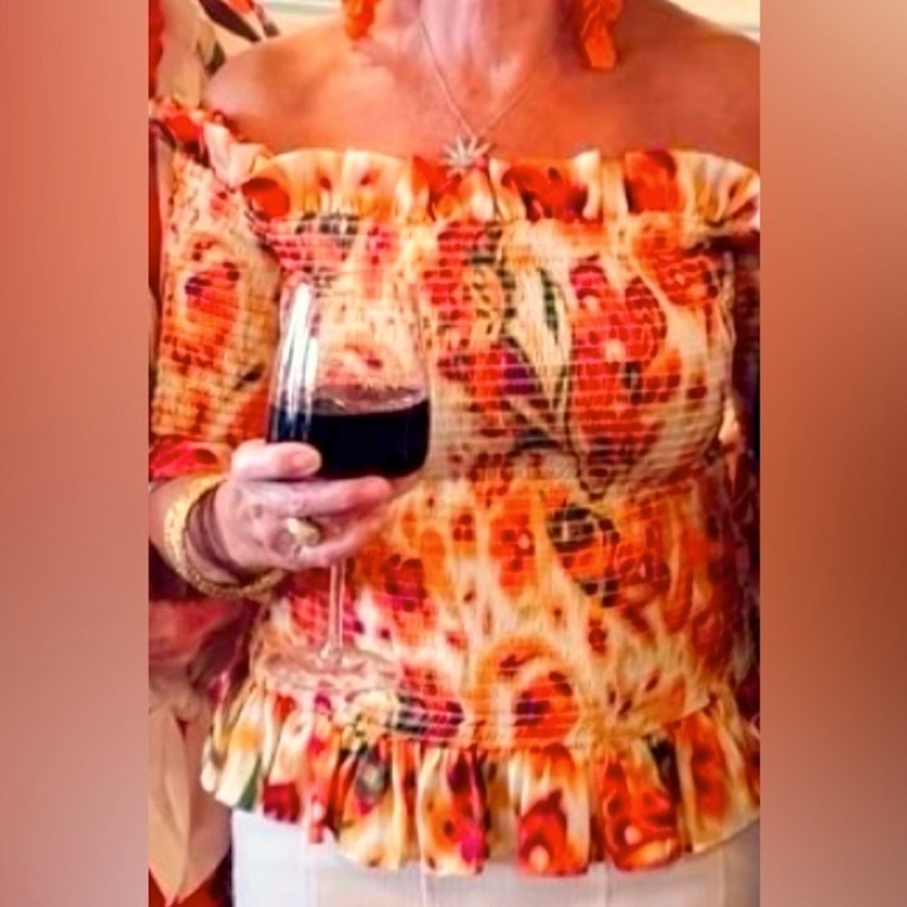 Caroline Constas Orange Puff Sleeve Smocked Blouse
